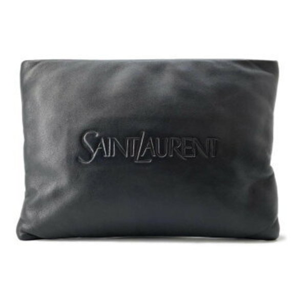 Saint Laurent Paris Puffy Pouch Leather Clutch Bag Black - Picture 1 of 8